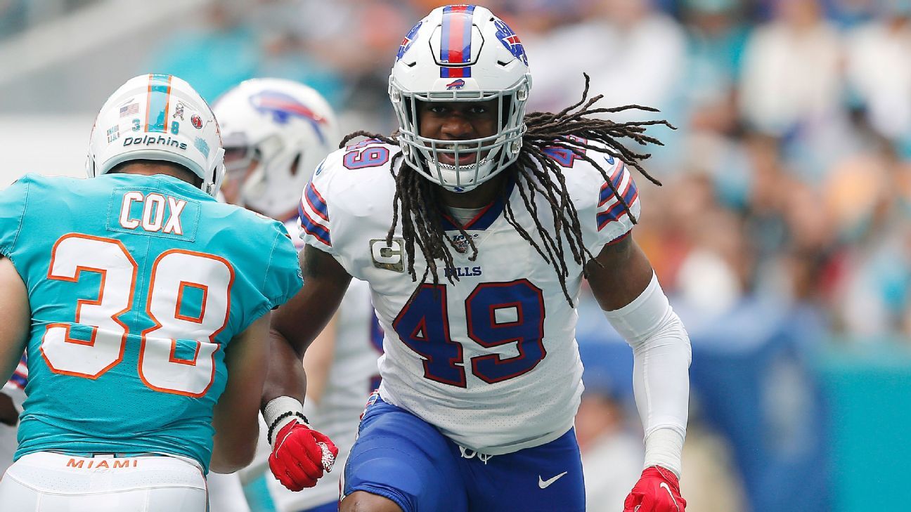 Buffalo Bills linebacker Tremaine Edmunds (49) walks off the field  following a win in an NFL