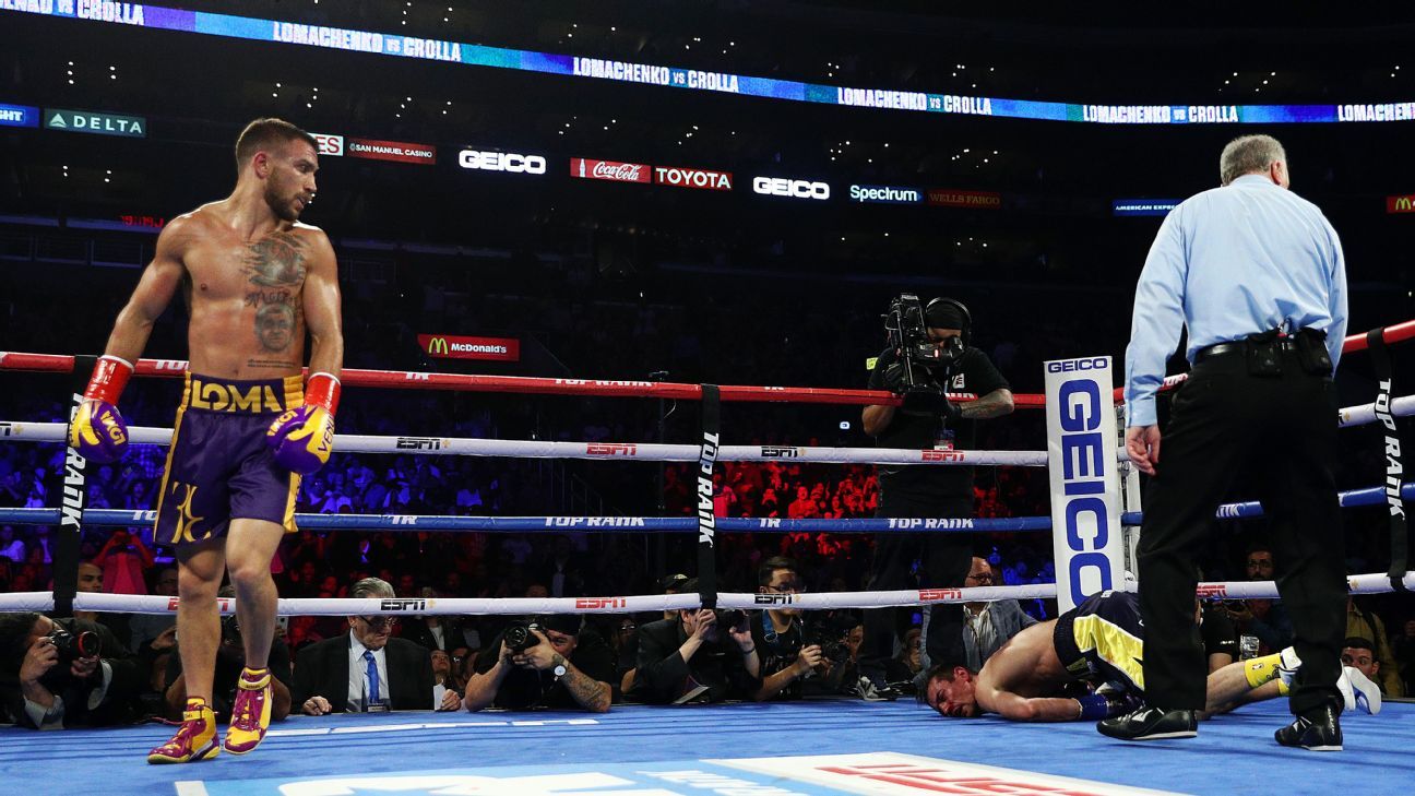 Vasiliy Lomachenko, left, dominated Anthony Crolla in a fourth-round KO victory on April 12, 2019 in Los Angeles.