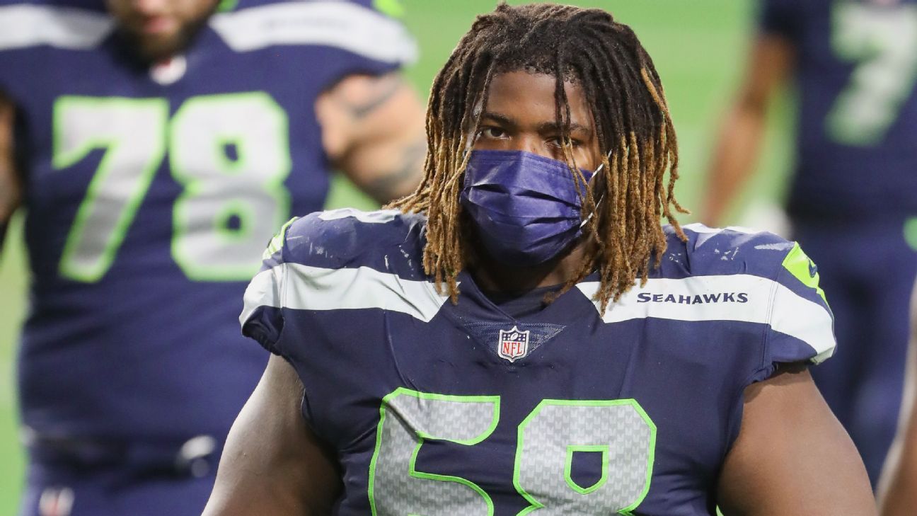 Seattle Seahawks guard Damien Lewis (68) gets set during an NFL