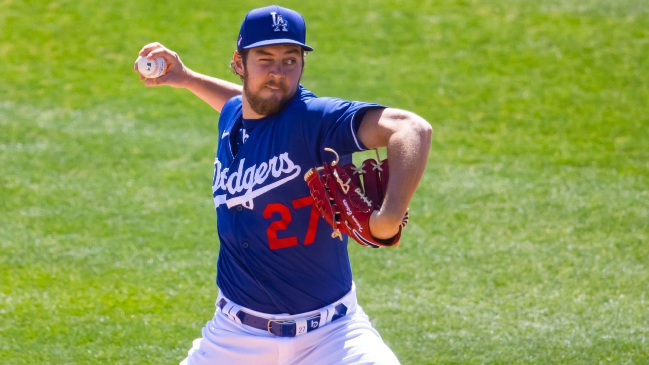 Trevor Bauer of the Los Angeles Dodgers kicks off the San Diego Padres with a closed eye