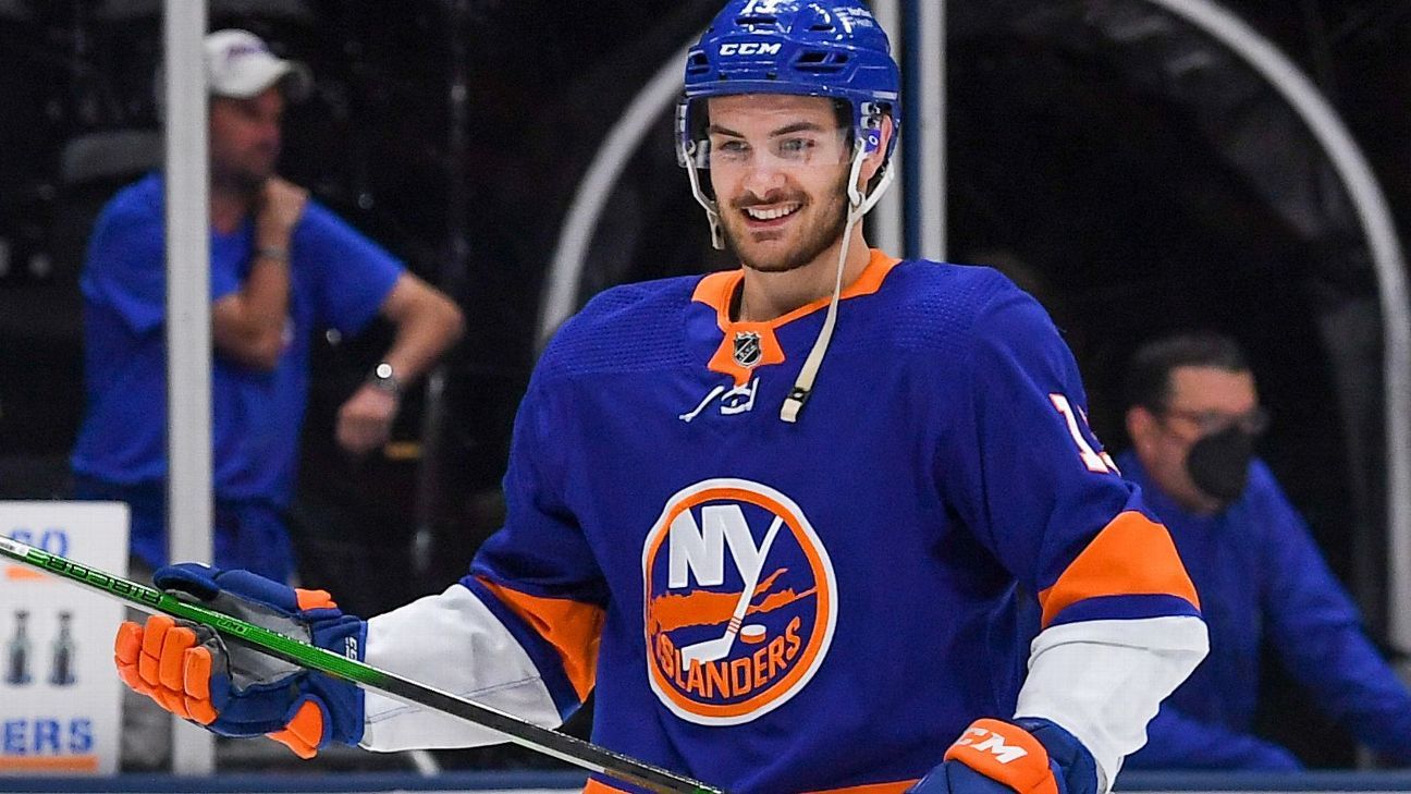 New York Islanders center Mathew Barzal (13) wears a Hockey Fights Cancer  jersey as he warms up before an NHL hockey game against the Florida  Panthers, Saturday, Nov. 9, 2019, in New