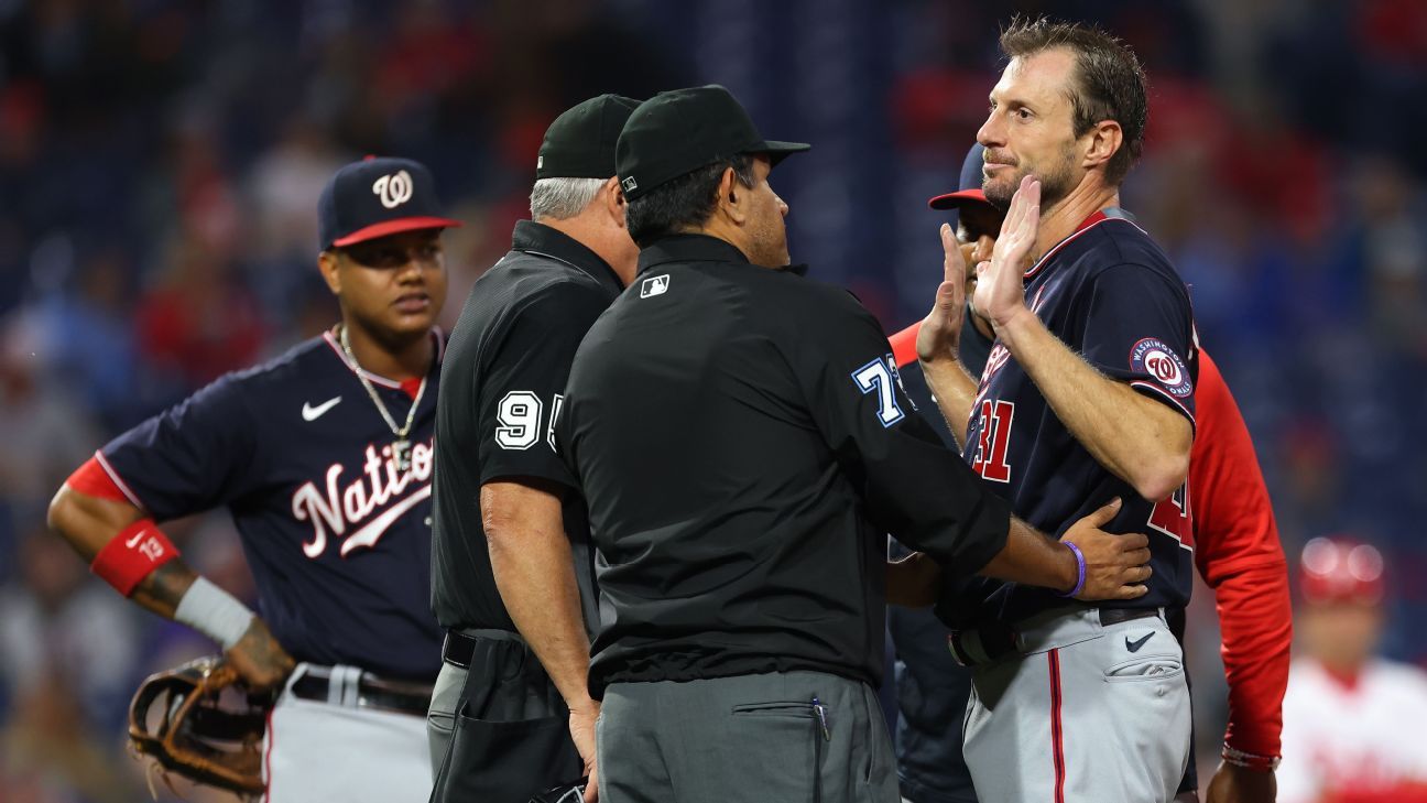 Washington Nationals' Max Scherzer hits first career homer, then leaves game