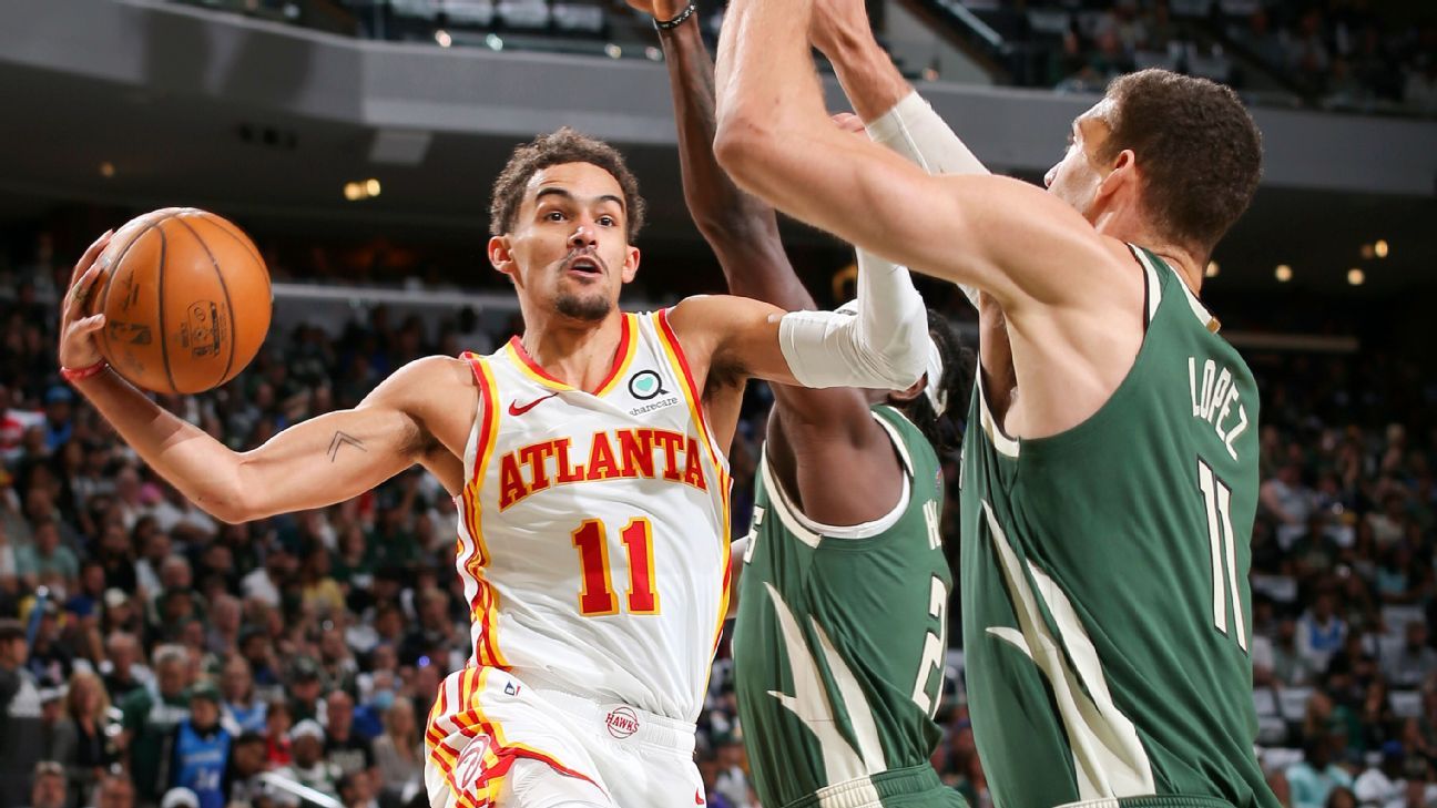 Trae Young of the Atlanta Hawks stands during player introductions