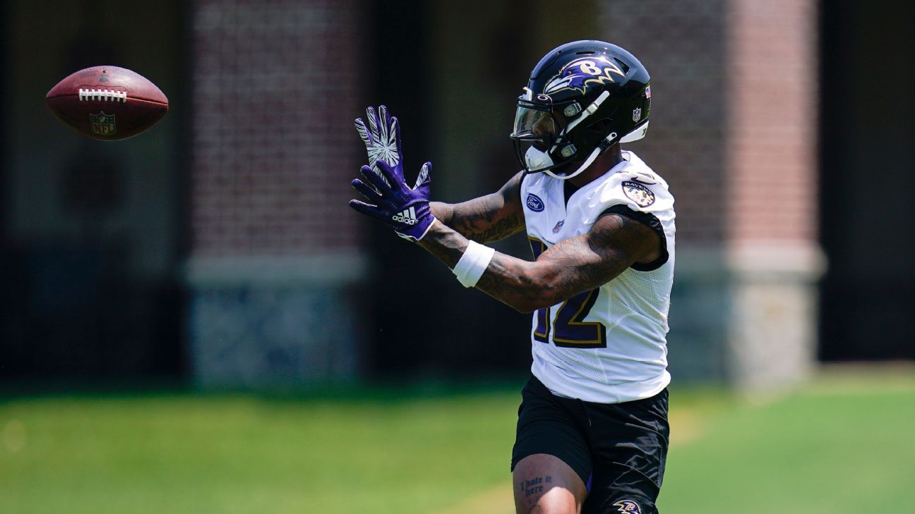 Baltimore Ravens rookie wide receiver Rashod Bateman during rookie