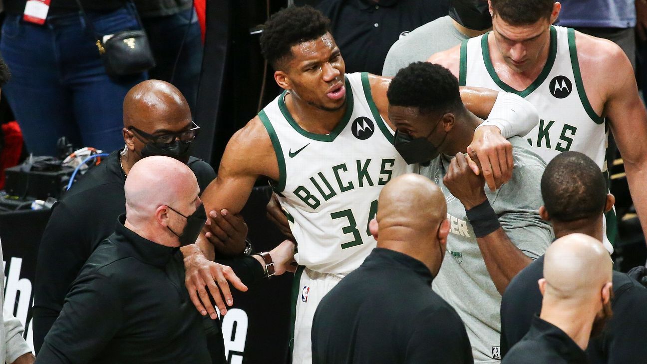 Milwaukee Bucks' Giannis Antetokounmpo set for imaging after hyperextending left..