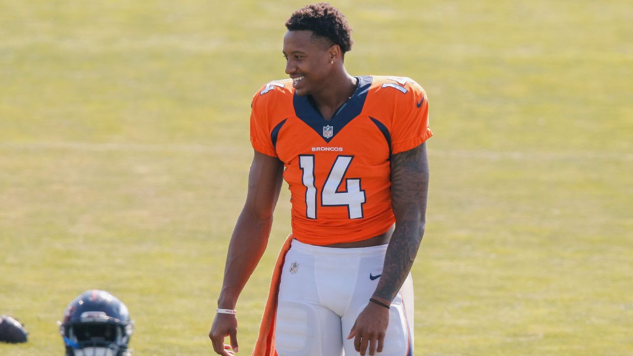 Courtland Sutton #14 of the Denver Broncos smiles during pre game