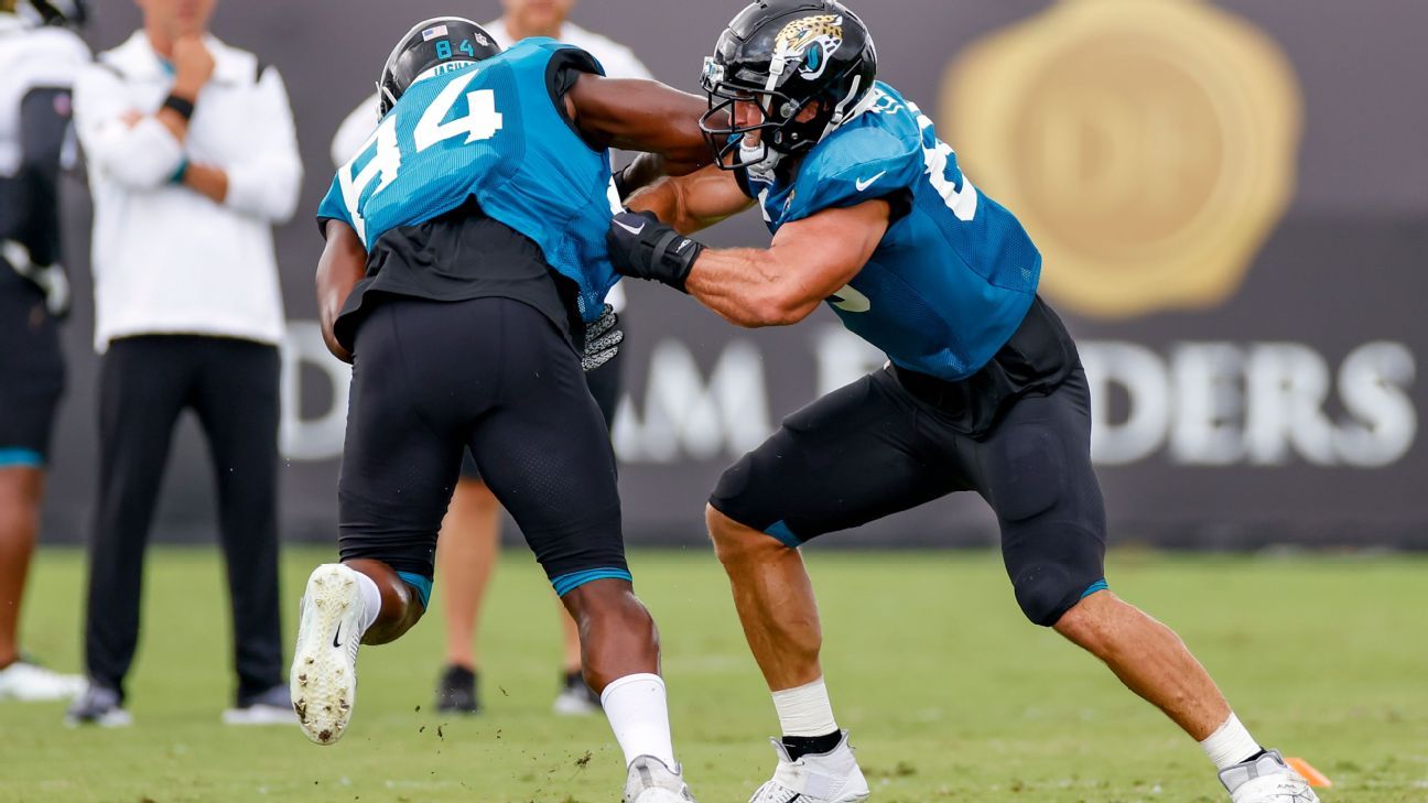 Jacksonville Jaguars tight end Chris Manhertz (84) walks off the