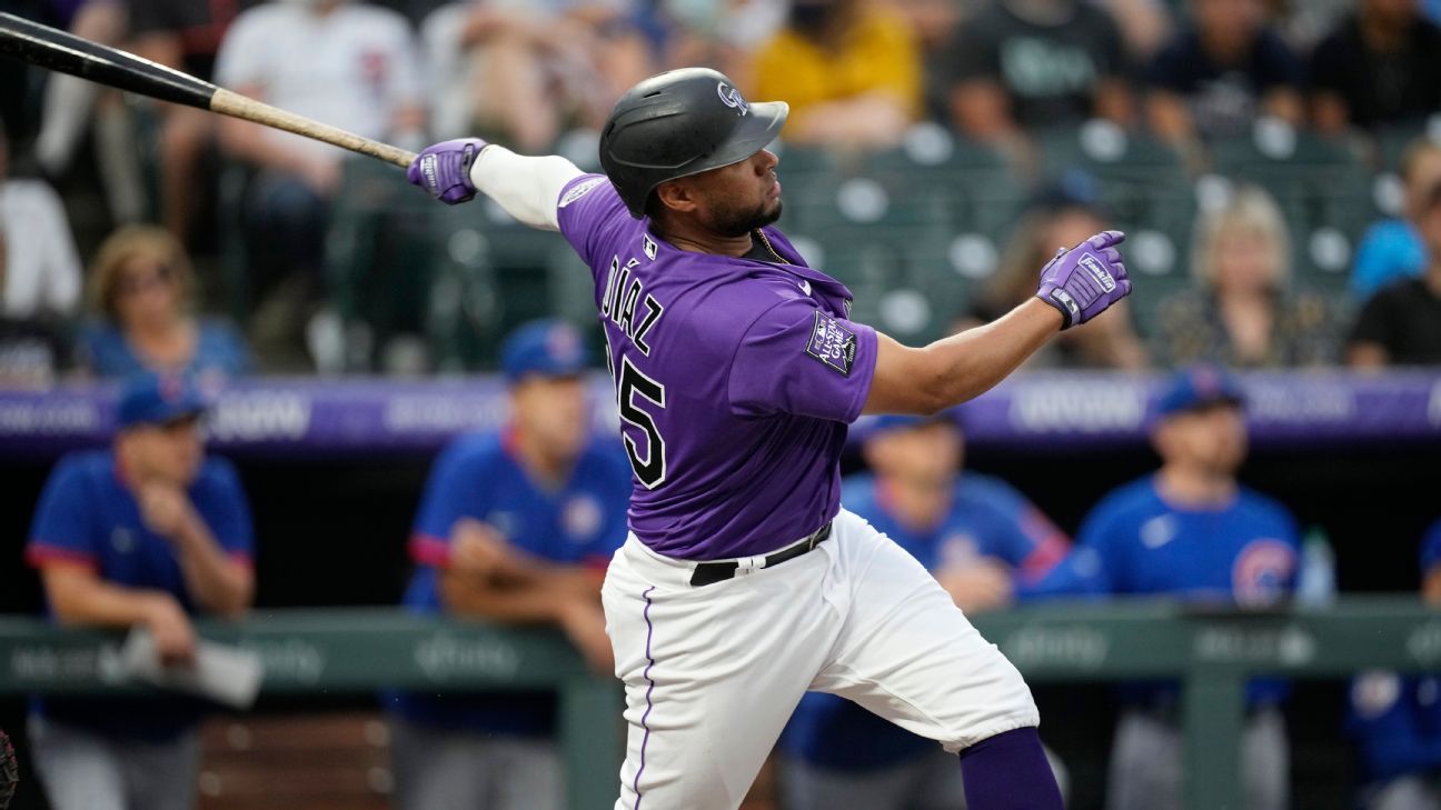 Denver, United States . 17th Aug, 2021. Colorado Rockies catcher Elias Diaz  (35) hits a home run during an MLB regular season game against the San  Diego Padres, Tuesday, August 17, 2021