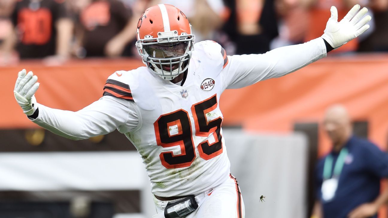 Myles Garrett Cleveland Browns Unsigned Celebrates A Sack In White