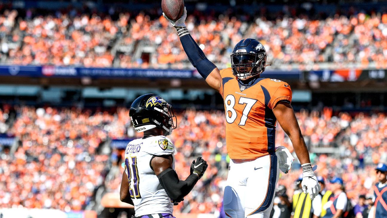 Denver Broncos tight end Noah Fant (87) against the New York Jets