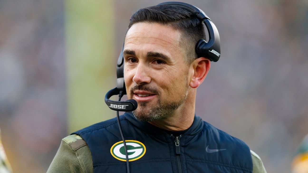 Green Bay Packers head coach Matt LaFleur looks on from the