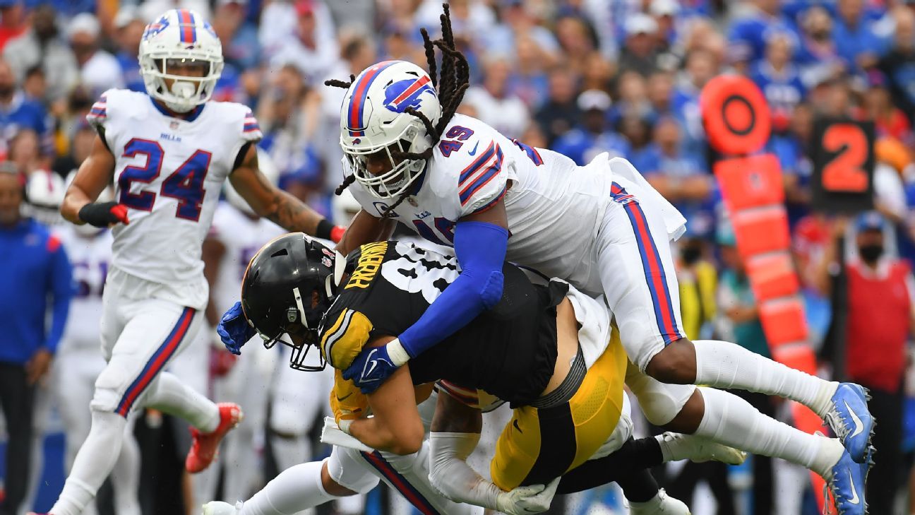 Buffalo Bills middle linebacker Tremaine Edmunds (49) reacts while walking  off the field after an NFL football game against the Arizona Cardinals,  Sunday, Nov. 15, 2020, in Glendale, Ariz. (AP Photo/Jennifer Stewart