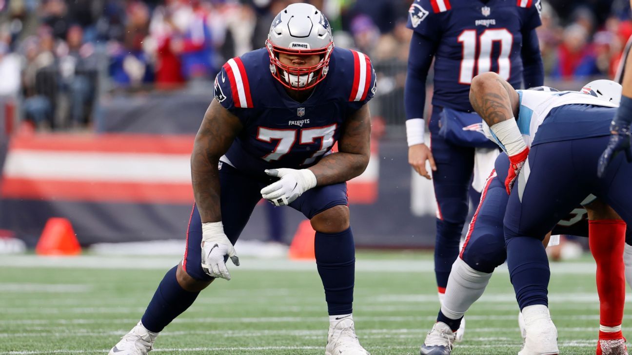 New England Patriots offensive tackle Trent Brown (77) reacts during the  first half of an NFL pre-season football game against the Houston Texans,  Thursday, Aug. 10, 2023, in Foxborough, Mass. (AP Photo/Greg