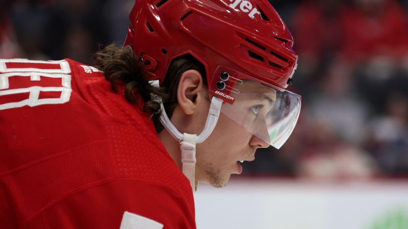 Moritz Seider of the Detroit Red Wings during warm ups prior to the News  Photo - Getty Images