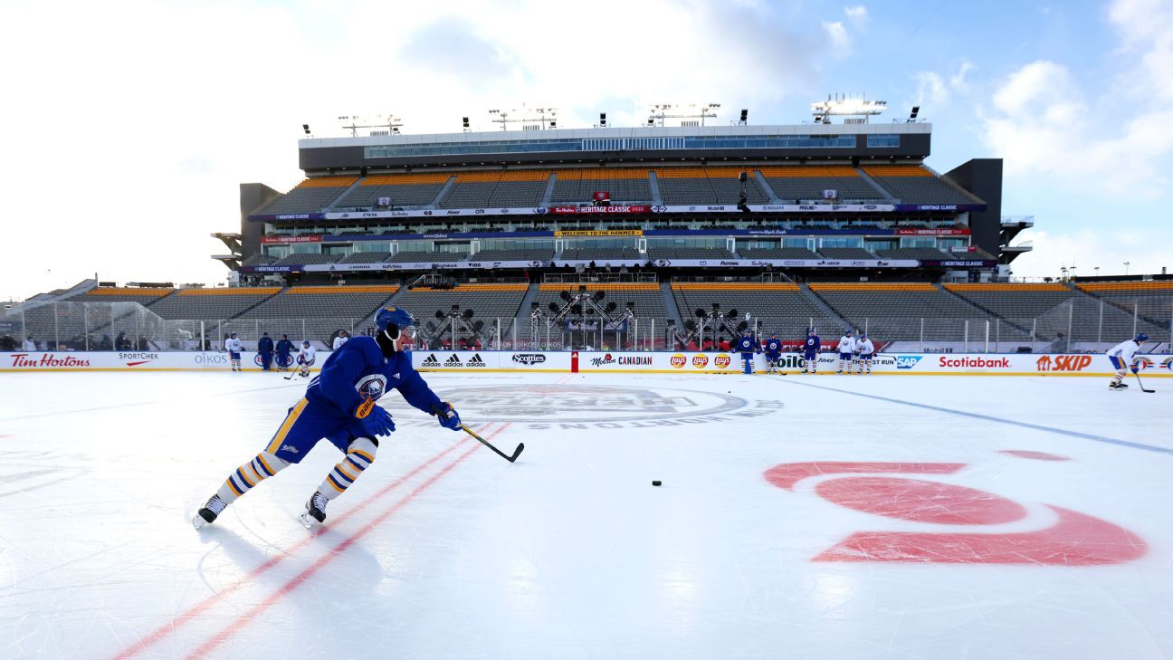 Toronto Maple Leafs players line up for the Canadian national anthem before  playing against the Buffalo Sabres in the NHL Heritage Classic hockey game  in Hamilton, Ontario, on Sunday, March 13, 2022. (