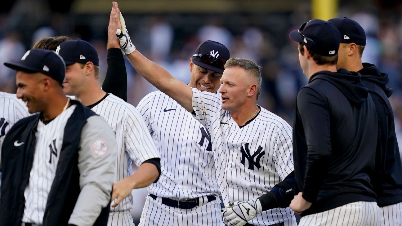 Bronx, USA. 08th Apr, 2022. New York Yankees Josh Donaldson celebrates  after hitting the game winning hit in the 11th inning against the Boston  Red Sox on opening day at Yankee Stadium