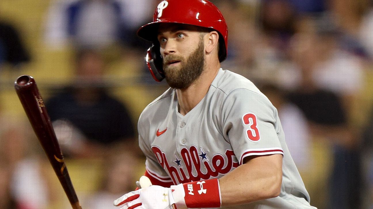 Bryce Harper, after platelet-rich plasma injection in right elbow, out of Philad..