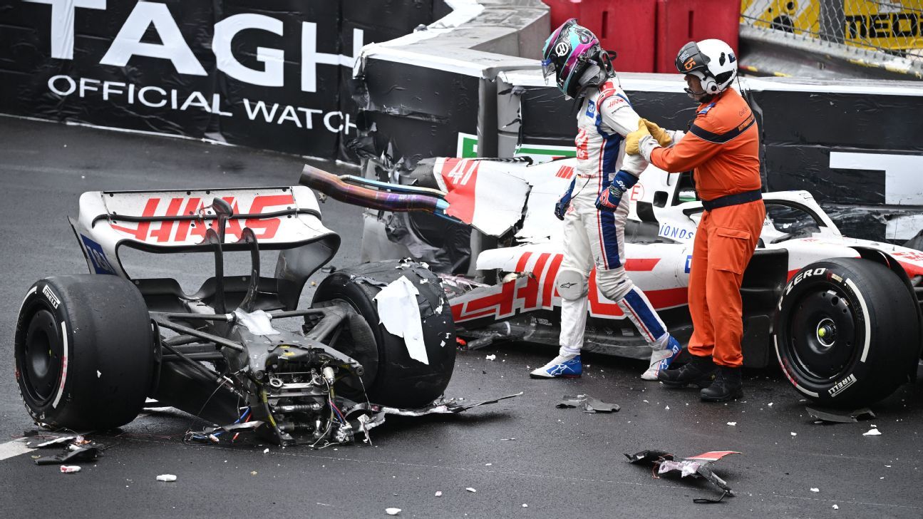 Mick Schumacher car splits into two pieces in big crash at wet Monaco