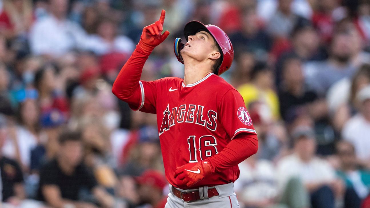 ANAHEIM, CA - MAY 19: Los Angeles Angels center fielder Mickey Moniak (16)  running towards first base during an MLB baseball game against the  Minnesota Twins played on May 19, 2023 at