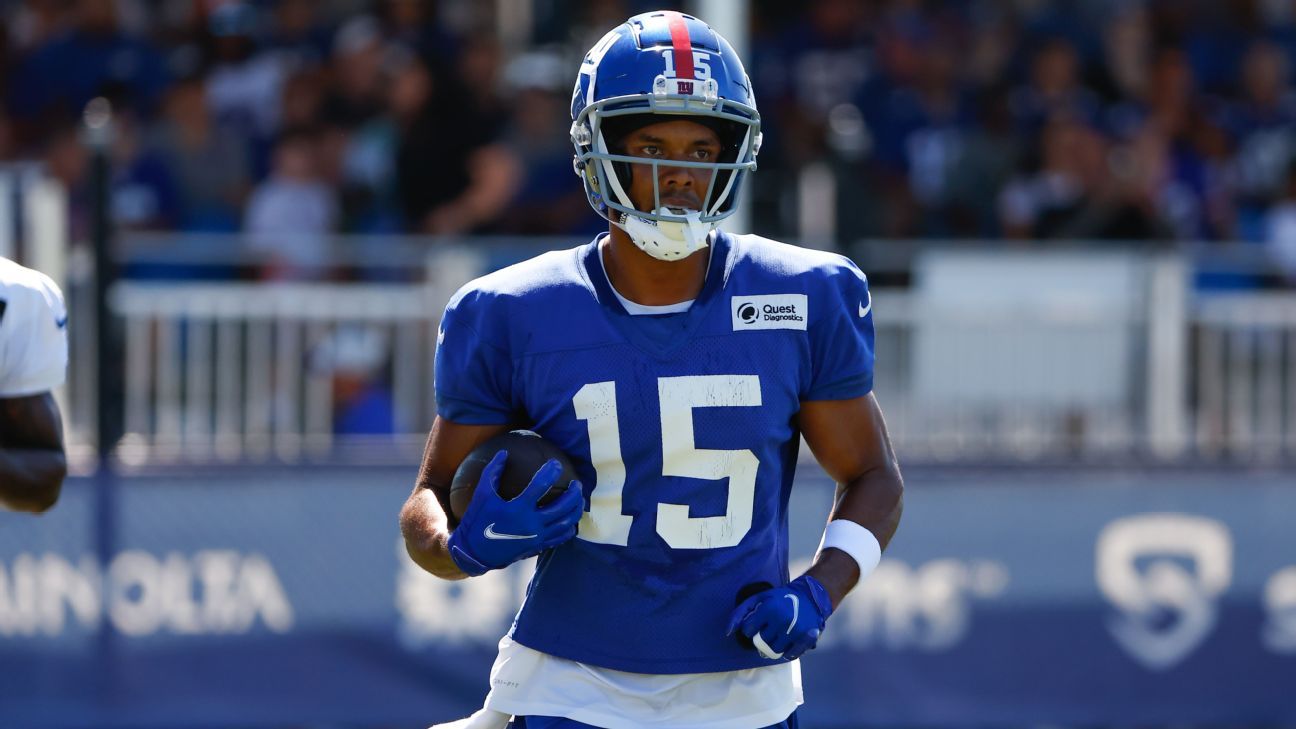 New York Giants wide receiver Collin Johnson celebrates after a