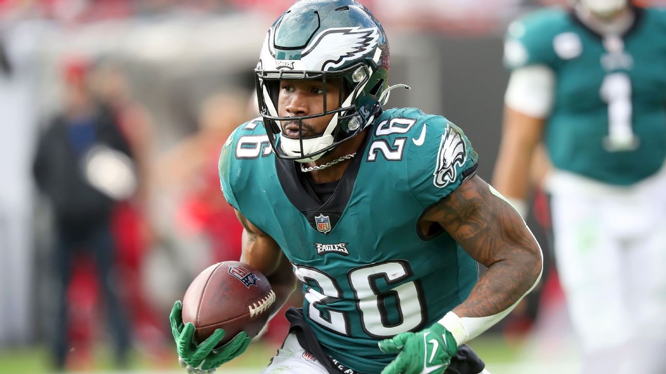 Philadelphia Eagles running back Miles Sanders (26) reacts after a  touchdown against the New York Giants during an NFL football game Sunday,  Dec. 11, 2022, in East Rutherford, N.J. (AP Photo/Adam Hunger