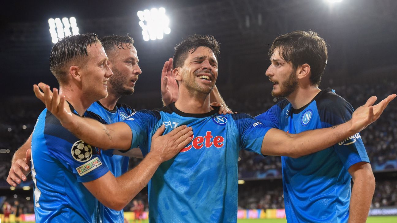 Dries Mertens and Victor Osimhen of SSC Napoli celebrate the 3-0