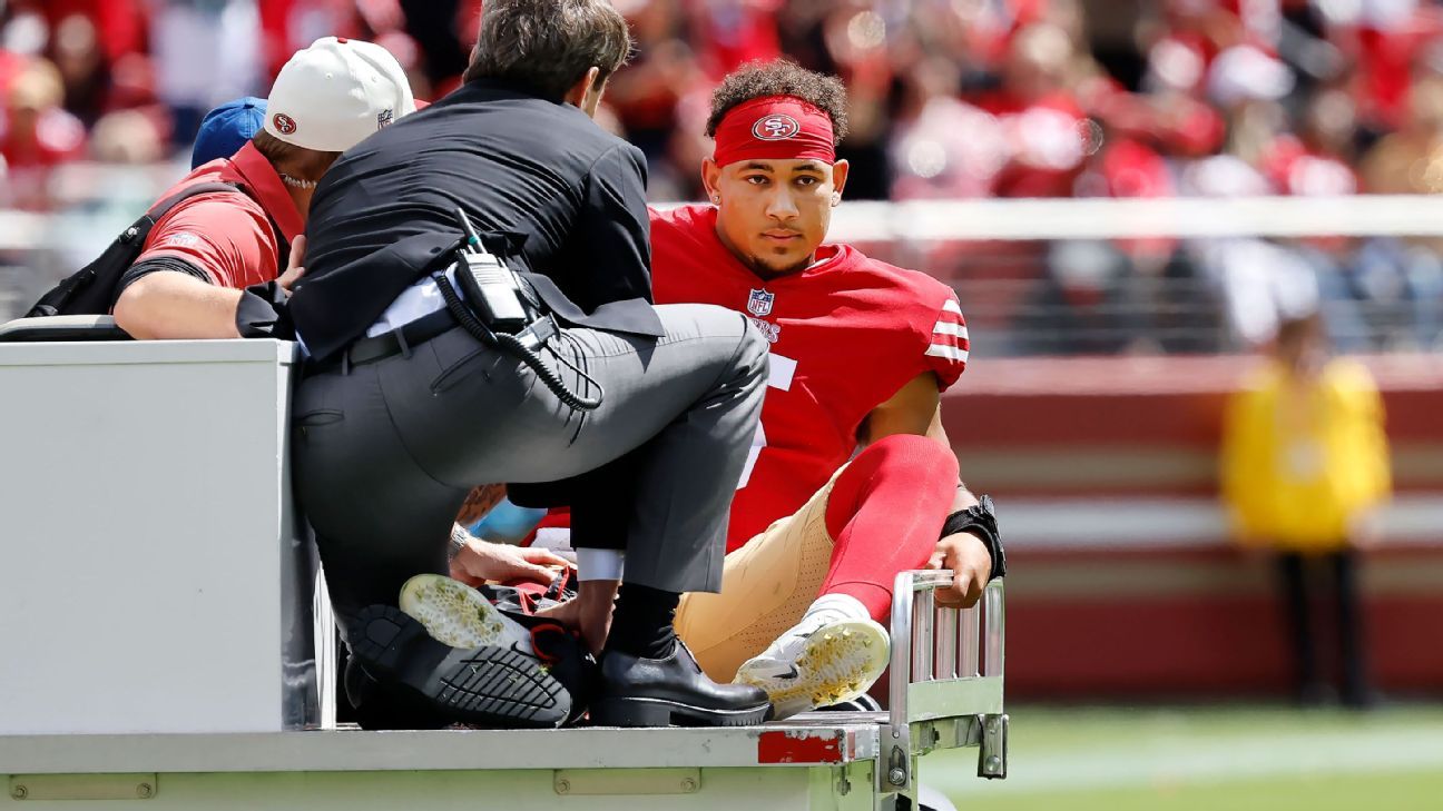 San Francisco 49ers' Trey Lance carted off with ankle injury as Jimmy Garoppolo ..