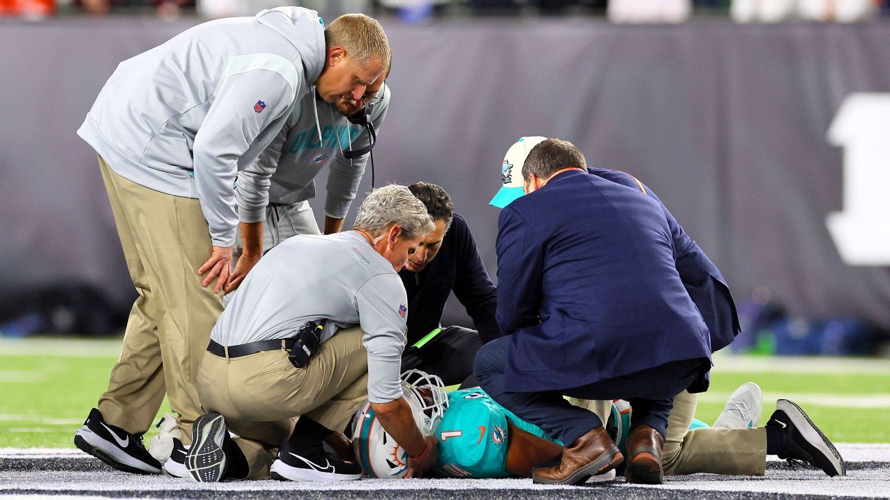 Miami Dolphins quarterback Tua Tagovailoa taken to hospital with head and neck injuries - ESPN