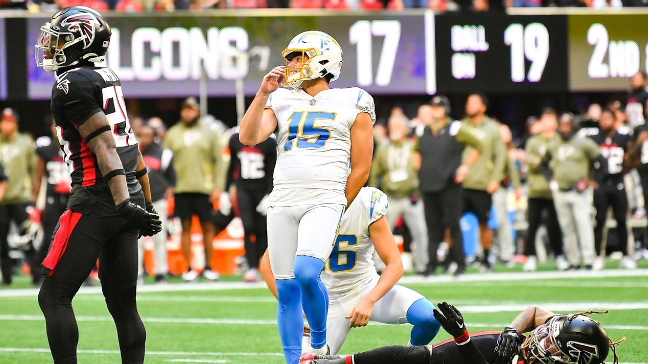 Cameron Dicker Los Angeles Chargers Game-Used #15 White Jersey vs. Arizona  Cardinals on November 27 2022