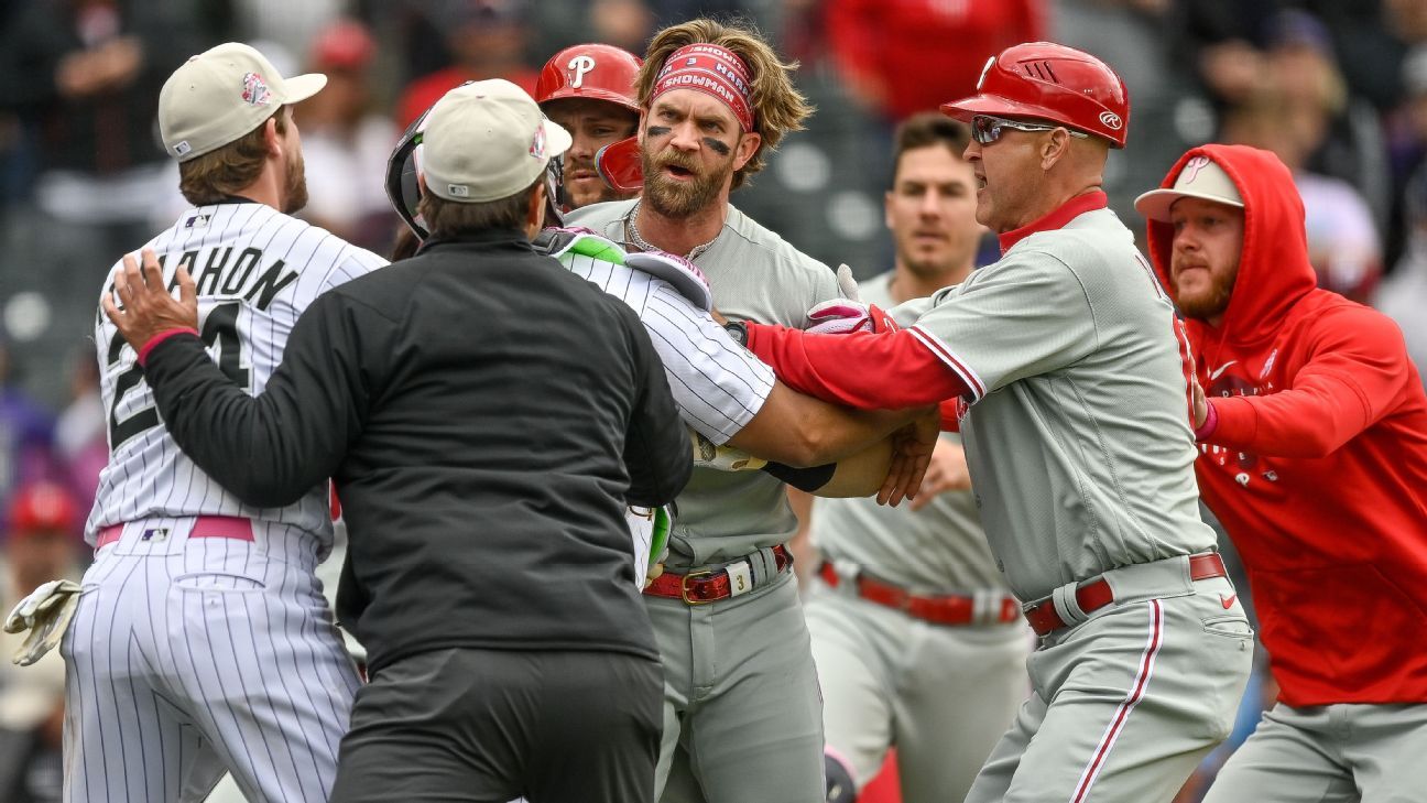 Phillies' Bryce Harper ejected after charging at Rockies' dugout - ESPN