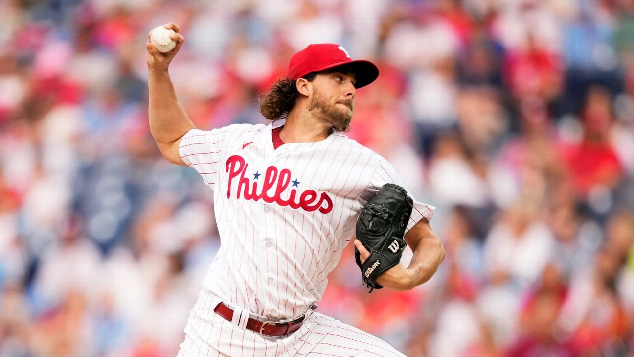 Philadelphia Phillies starting pitcher Aaron Nola in action during