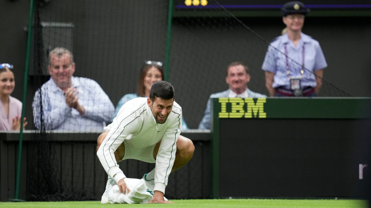 Wimbledon 2023 Novak Djokovic helps out during Centre Court rain