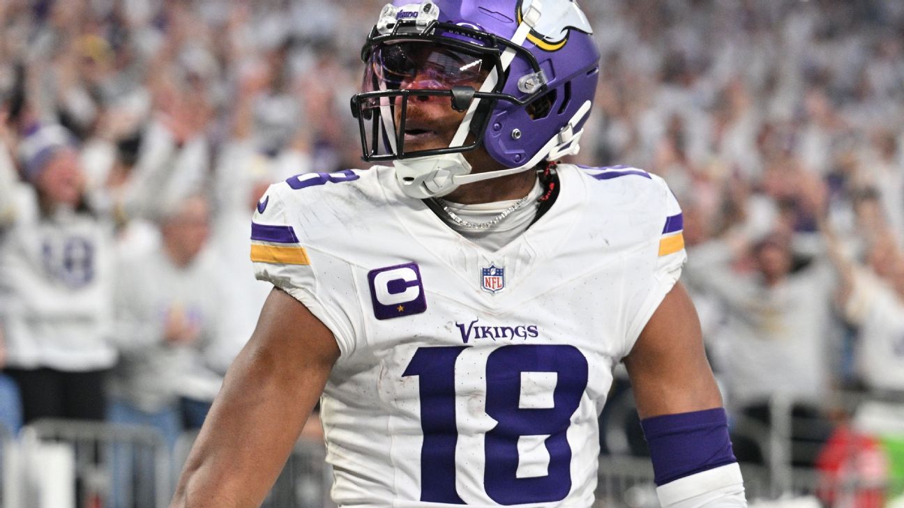 Justin Jefferson of the Minnesota Vikings celebrates after a