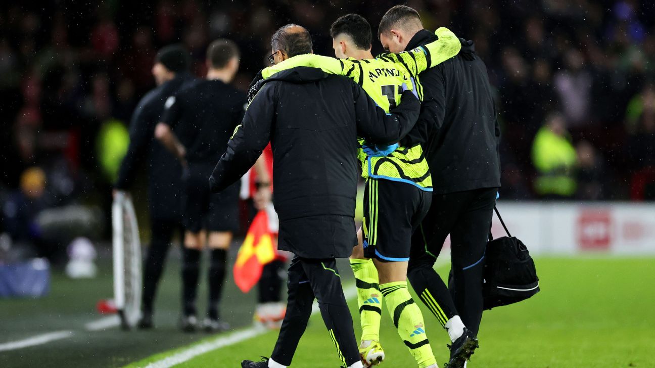 Gabriel Martinelli, quando saiu lesionado durante a partida contra o Sheffield (Foto: ESPN Brasil)