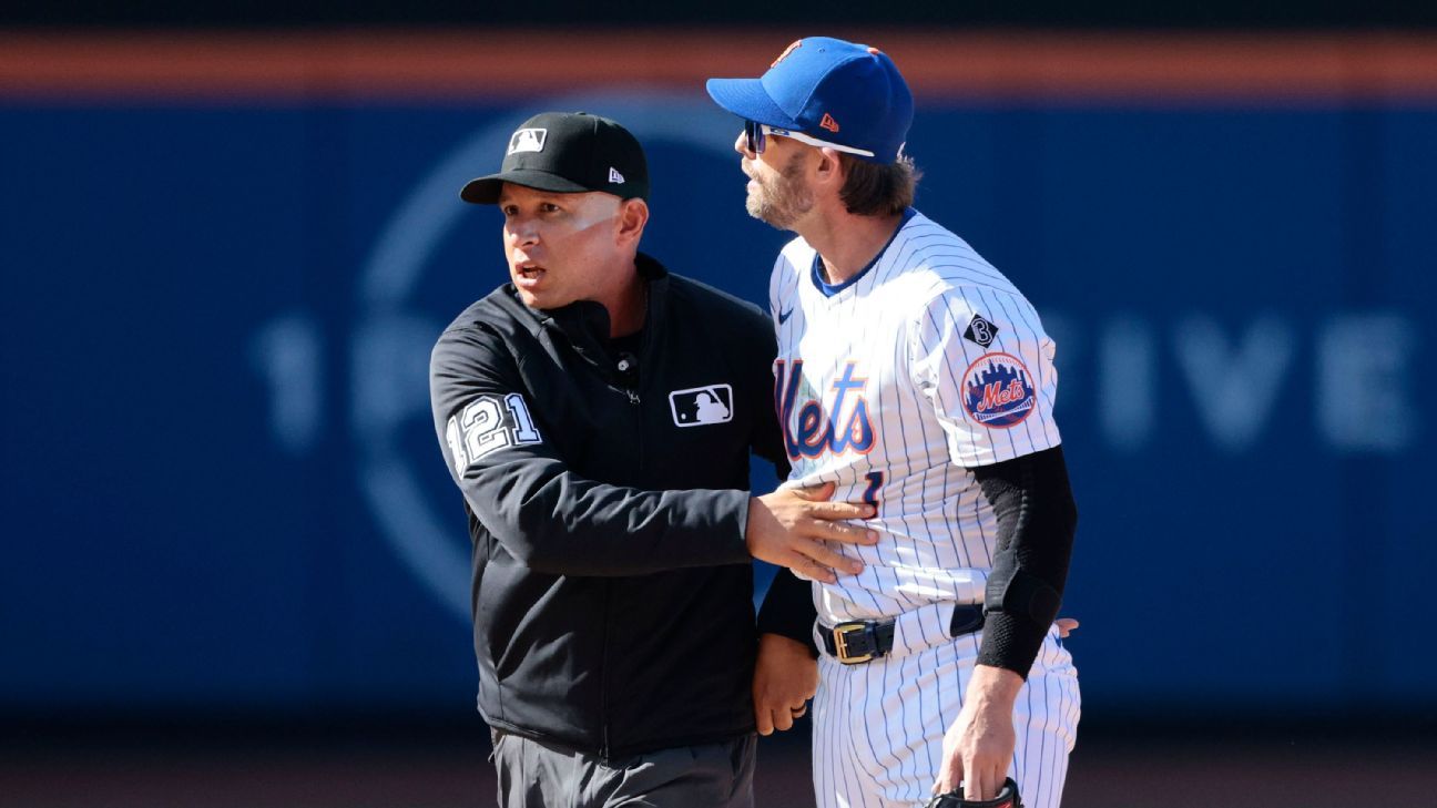 Jeff McNeil et Rhys Hoskins s’échauffent lors du match d’ouverture des Brewers-Mets