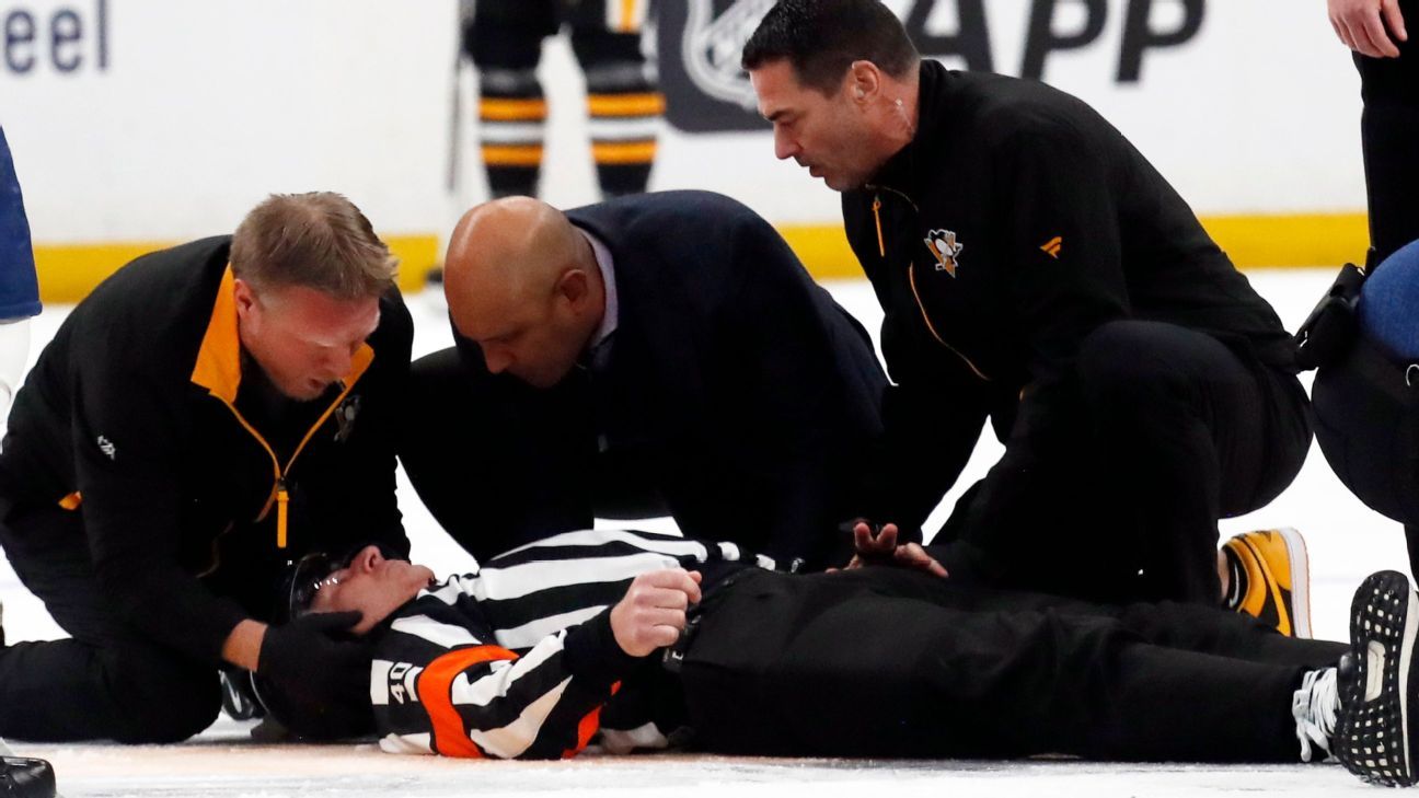 NHL referee collides with Fleury, exits on stretcher