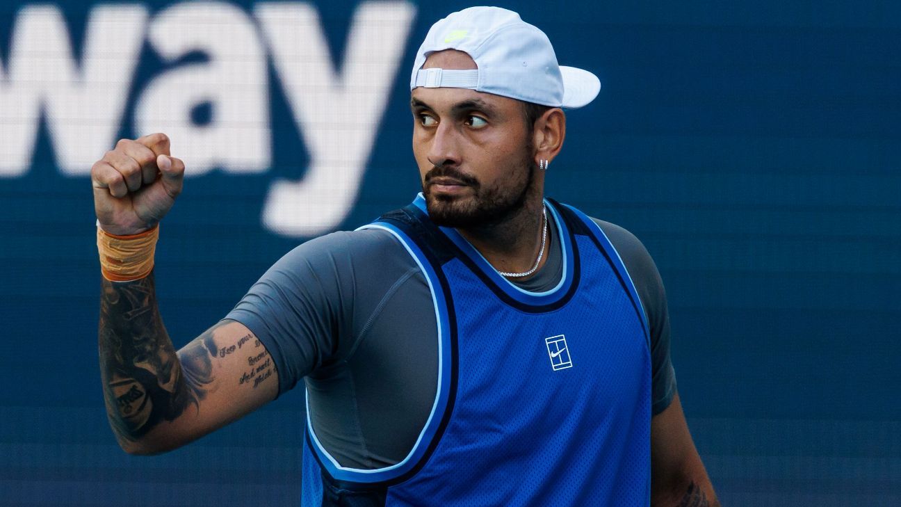 Kyrgios, wrist numb, earns 1st win in 2-plus years