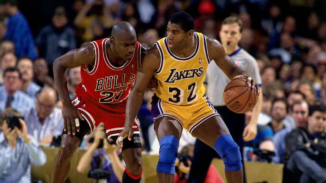 Michael Jordan shooting over Magic Johnson in the 1991 NBA Finals