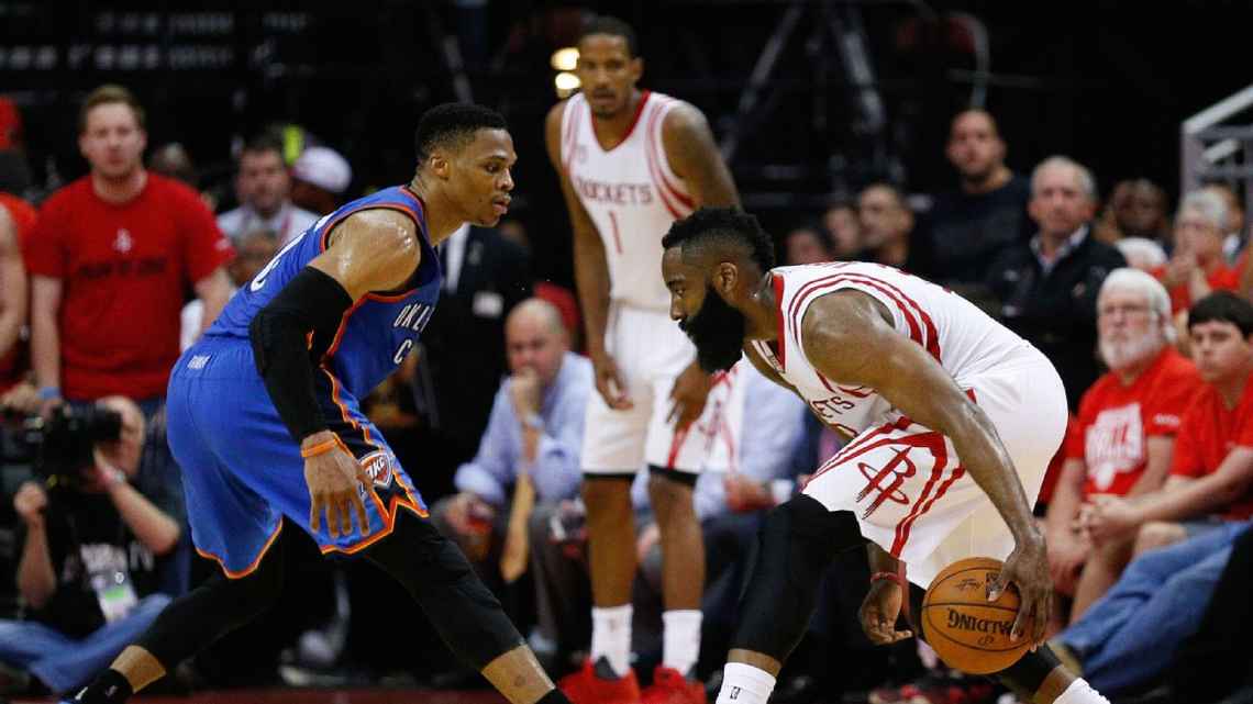James Harden and Russell Westbrook during 2017 playoff series