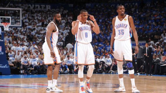 Thunder NBA Finals: Key Trends & Takeaways (2012) oklahoma City's original big three: James Harden, Russell Westbrook and Kevin Durant.
