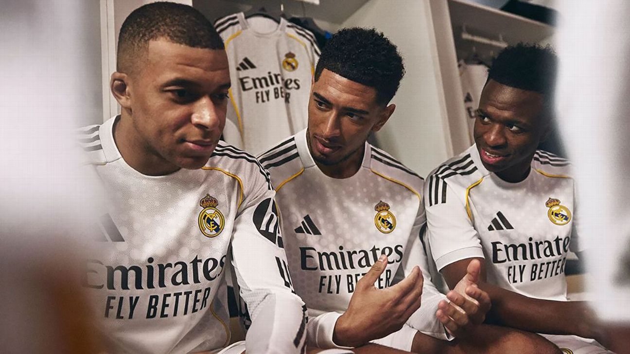 Real Madrid New Kit: CWC & Ronaldo Vibes Kylian Mbappe, Jude Bellingham, and Vinicius jr.model Real Madrid's new home kit.