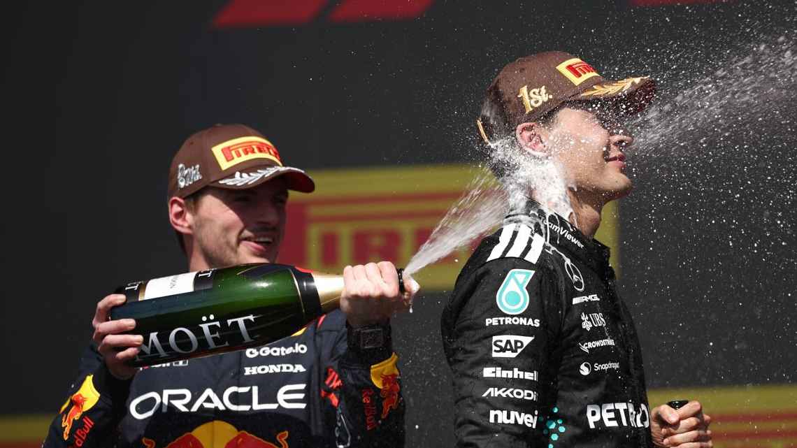 George Russell celebrating his victory at the Canadian GP