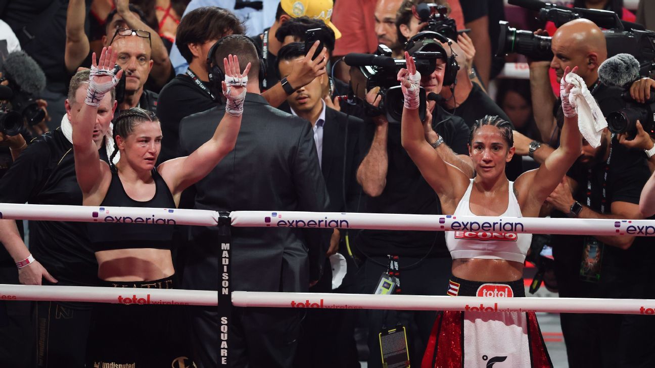 Katie Taylor, izquierda, ha ganado las tres peleas contra Amanda Serrano, incluida una decisión mayoritaria el viernes en el Madison Square Garden.