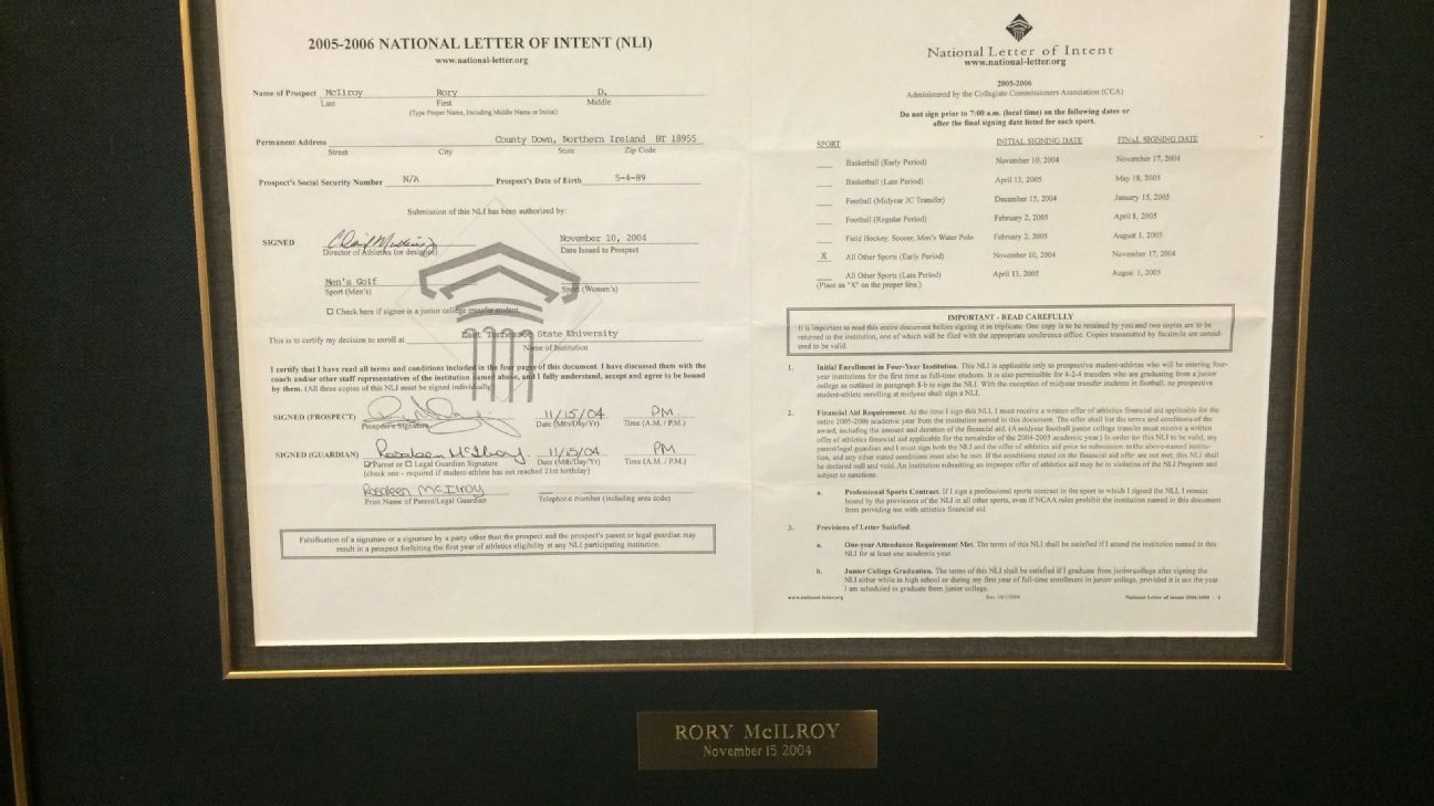 Rory McIlroy's letter of intent to play at East Tennessee State.