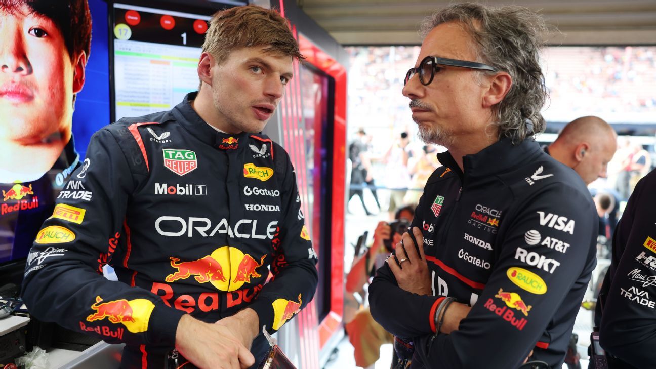 Max Verstappen y Laurent Mekies en el Gran Premio de Bélgica.