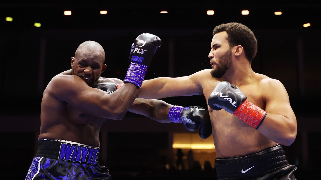 Moses Itauma, right, stopped Dillian Whyte in Round 1 of their heavyweight fight in Riyadh, Saudi Arabia on Saturday.