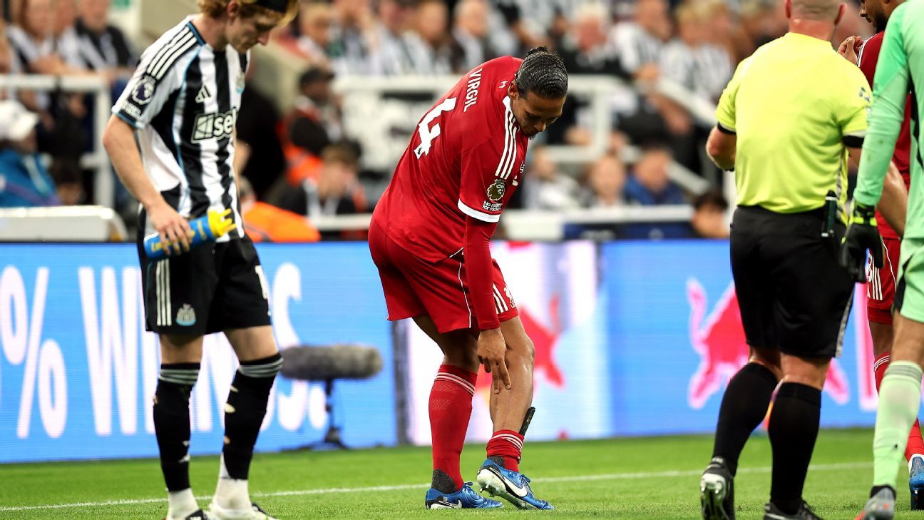 Virgil van Dijk was left with a visible injury to his leg following Anthony Gordon's first-half challenge.