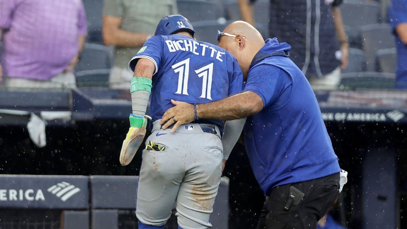 Bichette out for Yanks finale after plate collision