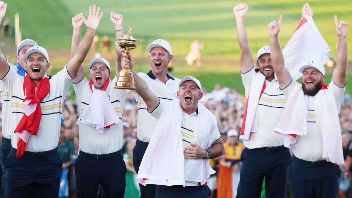 Rory McIlroy and Europe teammates celebrate Ryder Cup win