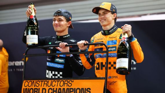 Lando Norris and Oscar Piastri celebrating the McLaren constructors' championship.